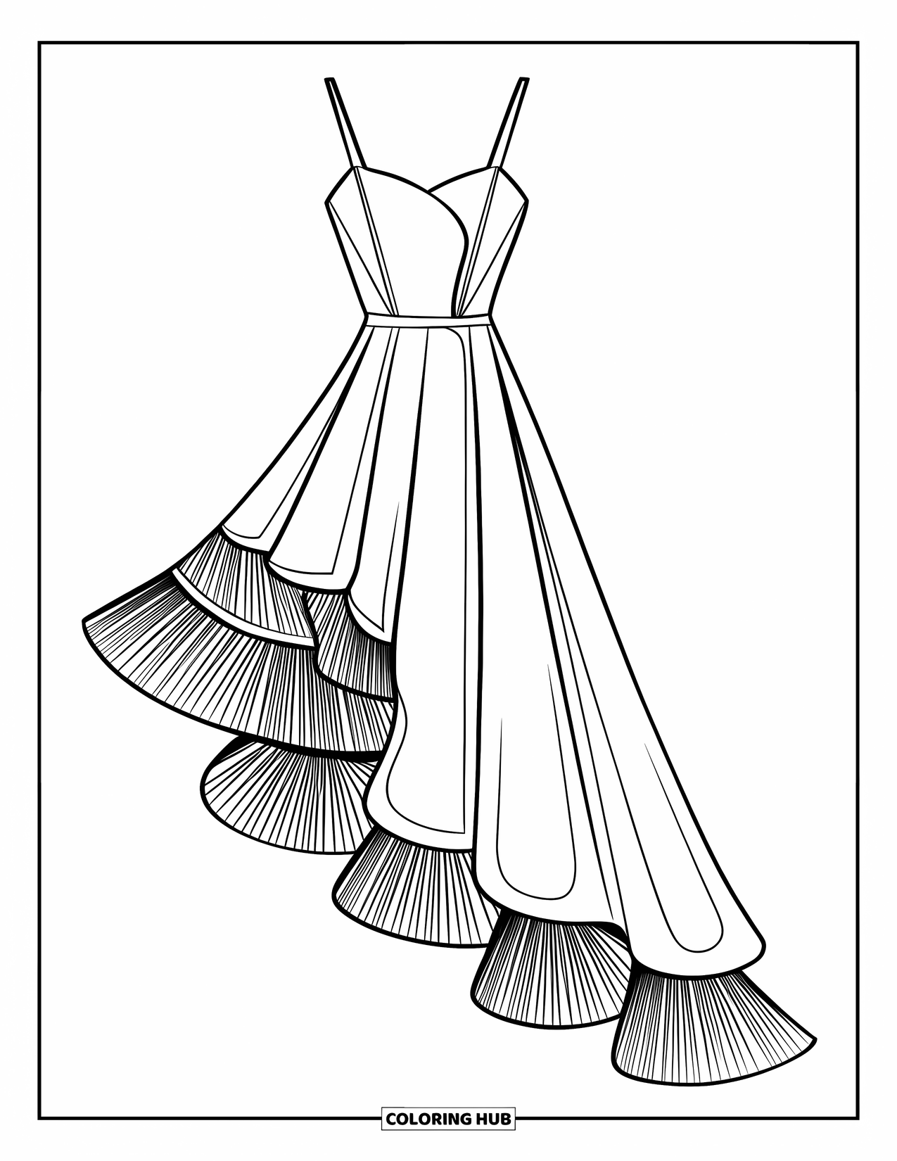 Ball Gown Dress Coloring Page for Kids: Dress with ruffled skirt and angled hem creates a playful asymmetrical look