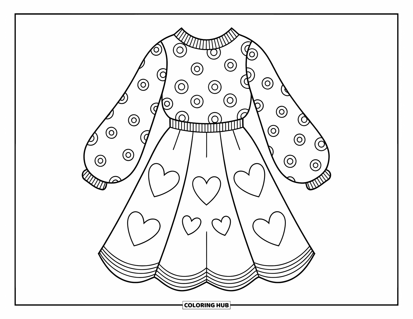 Ball Gown Dress Coloring Page for Kids: Dress with swirly and heart patterns, long sleeves, and high neckline