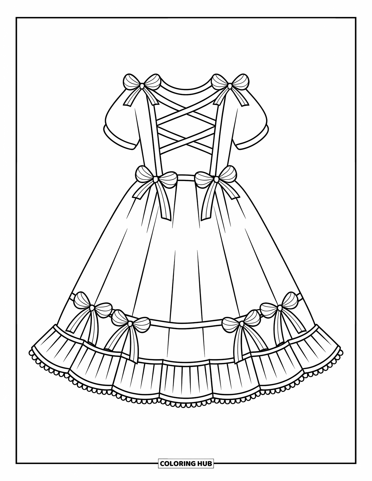 Ball Gown Dress Coloring Page for Kids: Drop-waist dress with crisscross ribbons and a ruffled hem