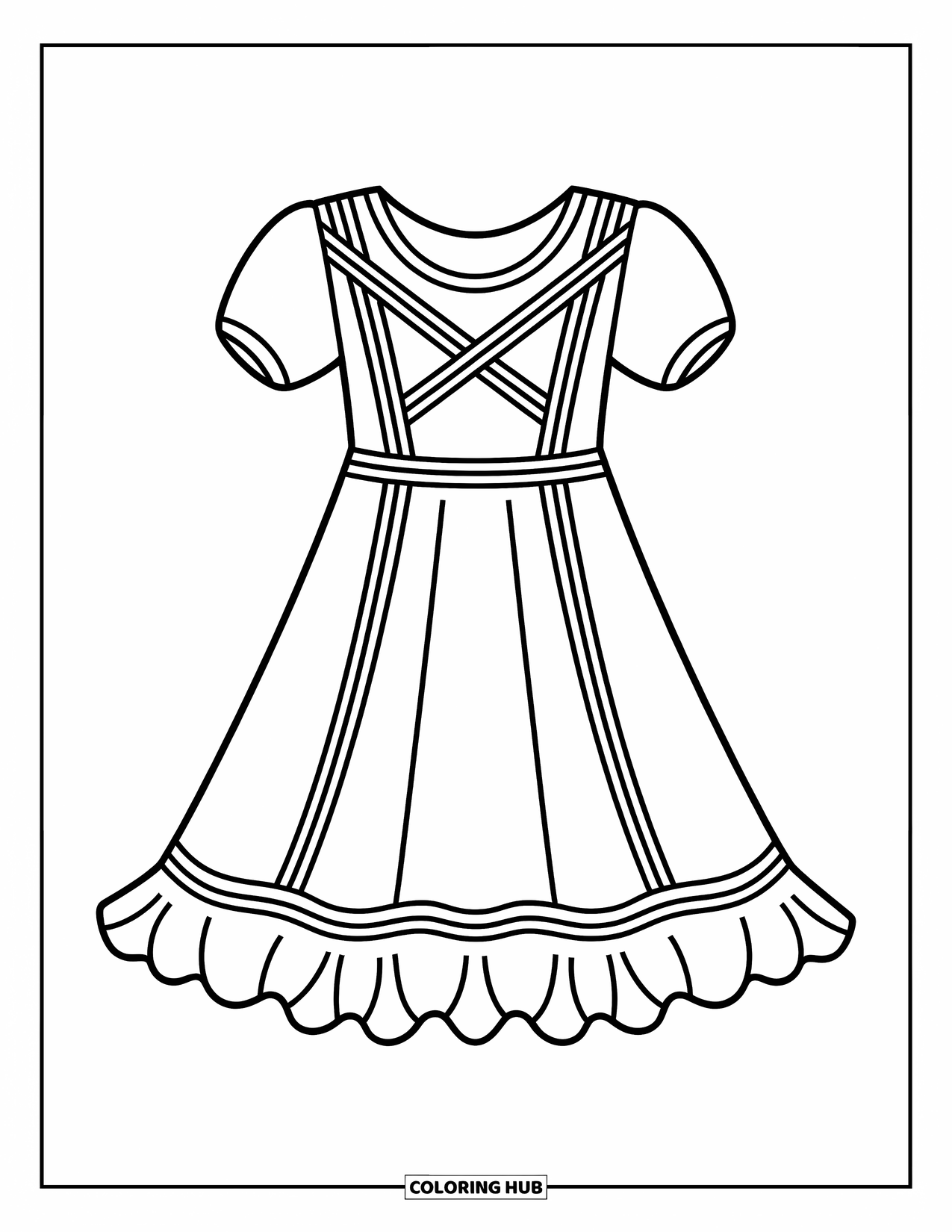 Ball Gown Dress Coloring Page for Kids: Drop-waist dress with ribbon ties and hem ruffles