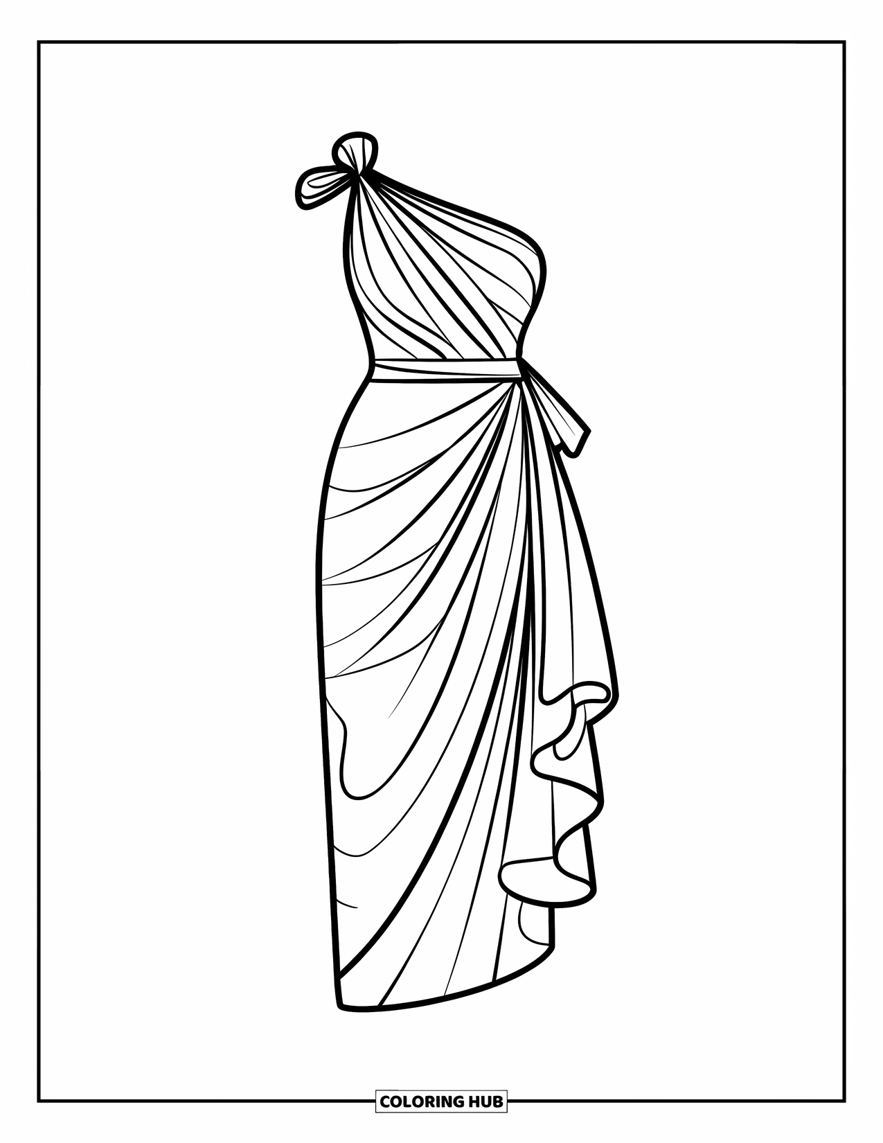Ball Gown Dress Coloring Page for Kids: Elegant one-shoulder gown with draped overskirt and simple bow