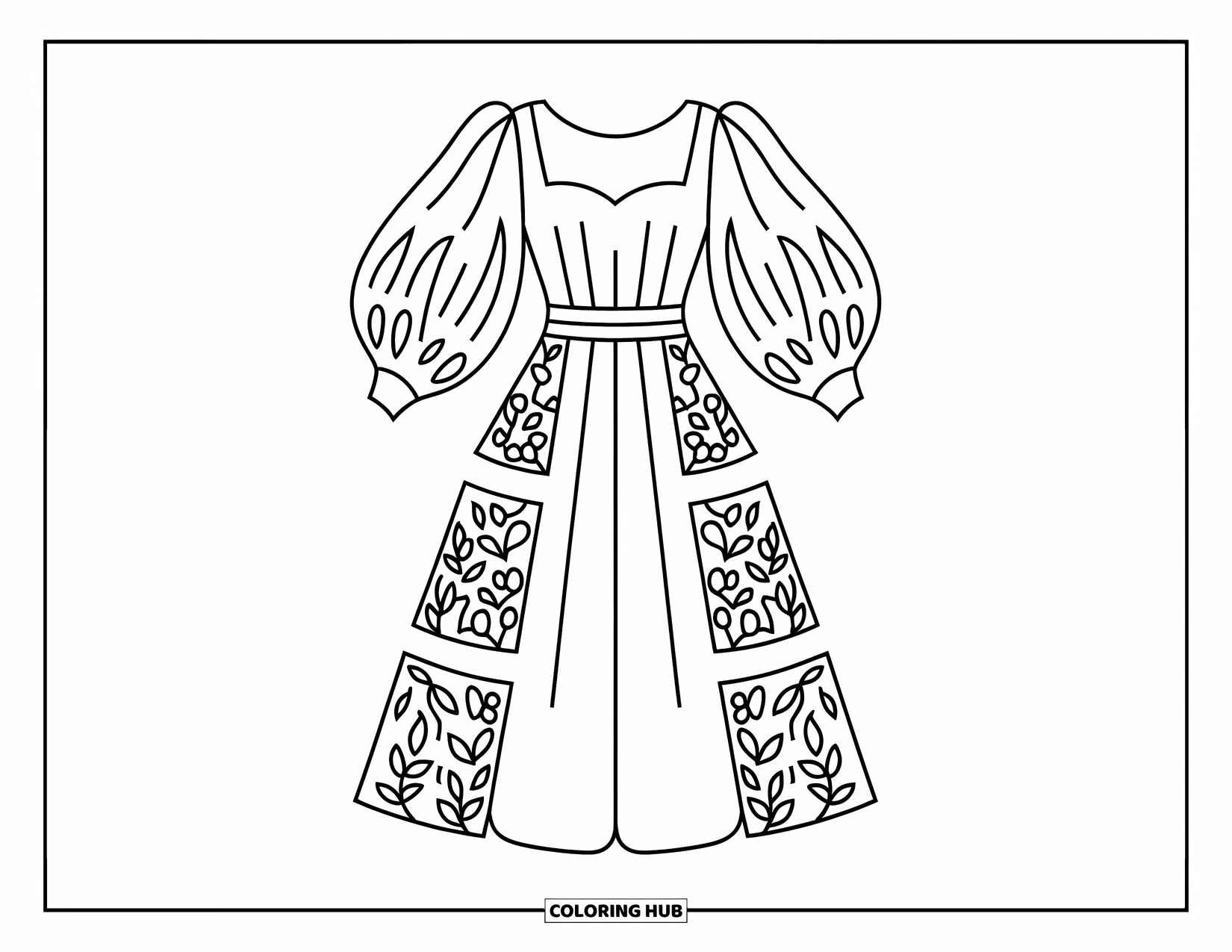 Ball Gown Dress Coloring Page for Kids: Flowy gown with puff sleeves, empire waist, and floral accents