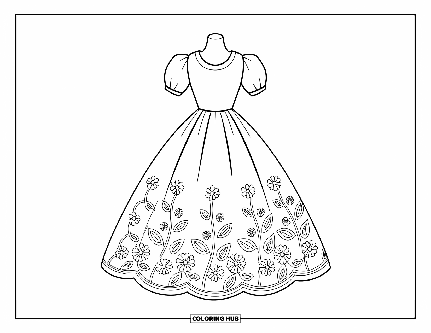 Ball Gown Dress Coloring Page for Kids: Fluffy dress with lace hem shown on a simple mannequin