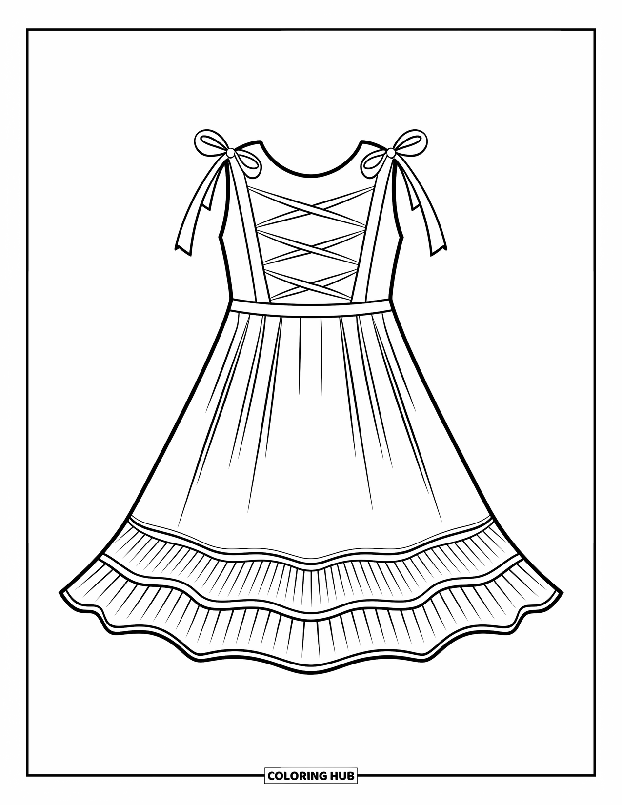 Ball Gown Dress Coloring Page for Kids: Fun drop-waist dress with crisscross ribbons and frilly ruffle hem