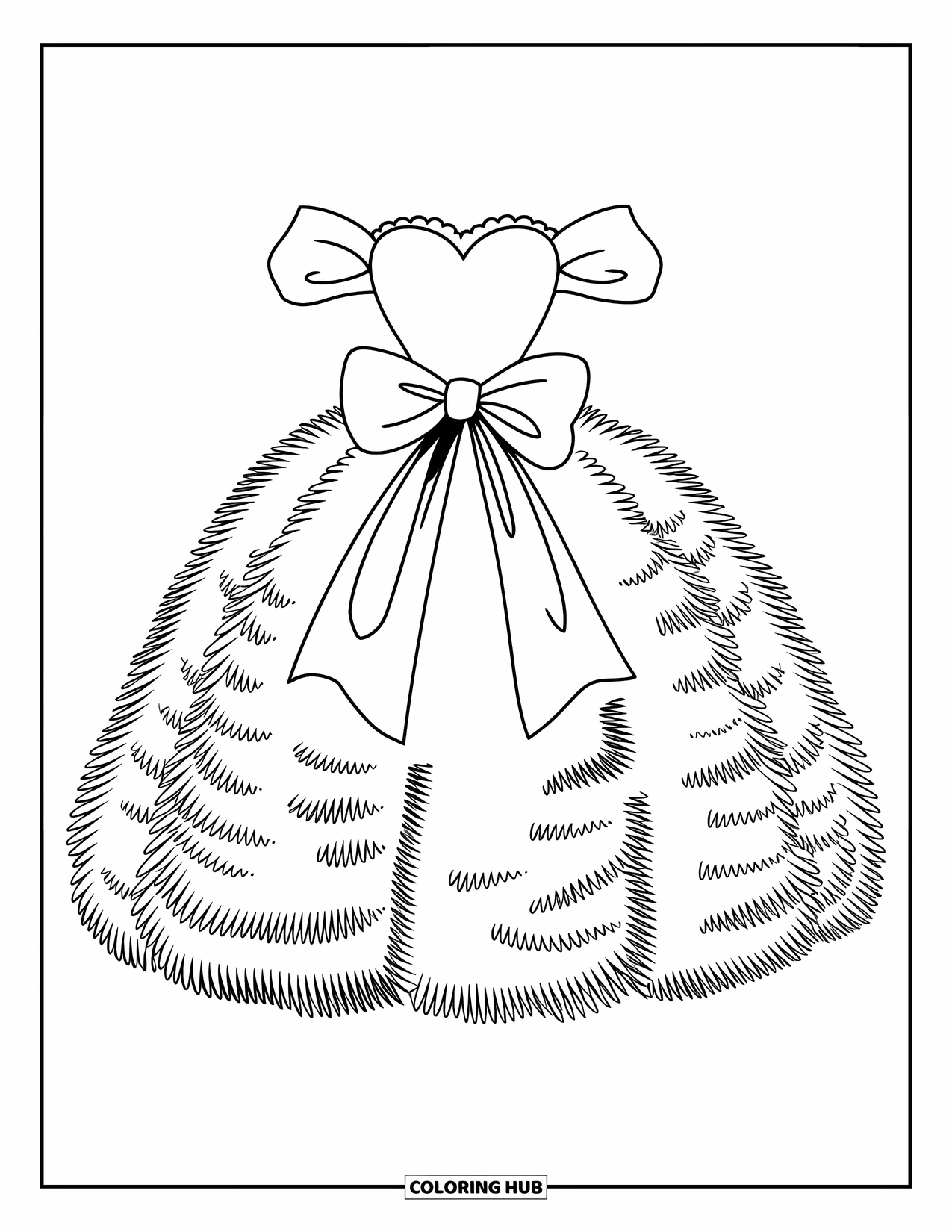 Ball Gown Dress Coloring Page for Kids: Heart-bodice ball gown with oversized bow and fluffy skirt