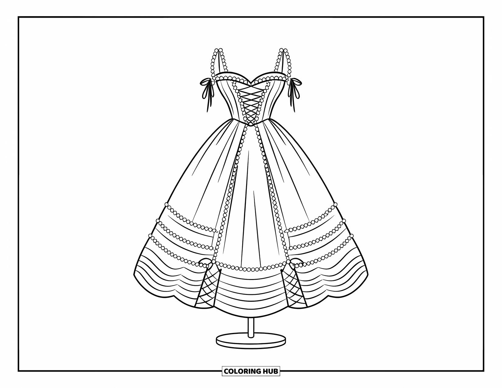Ball Gown Dress Coloring Page for Kids: Laced ball gown with full skirt and pearls on a round dress form