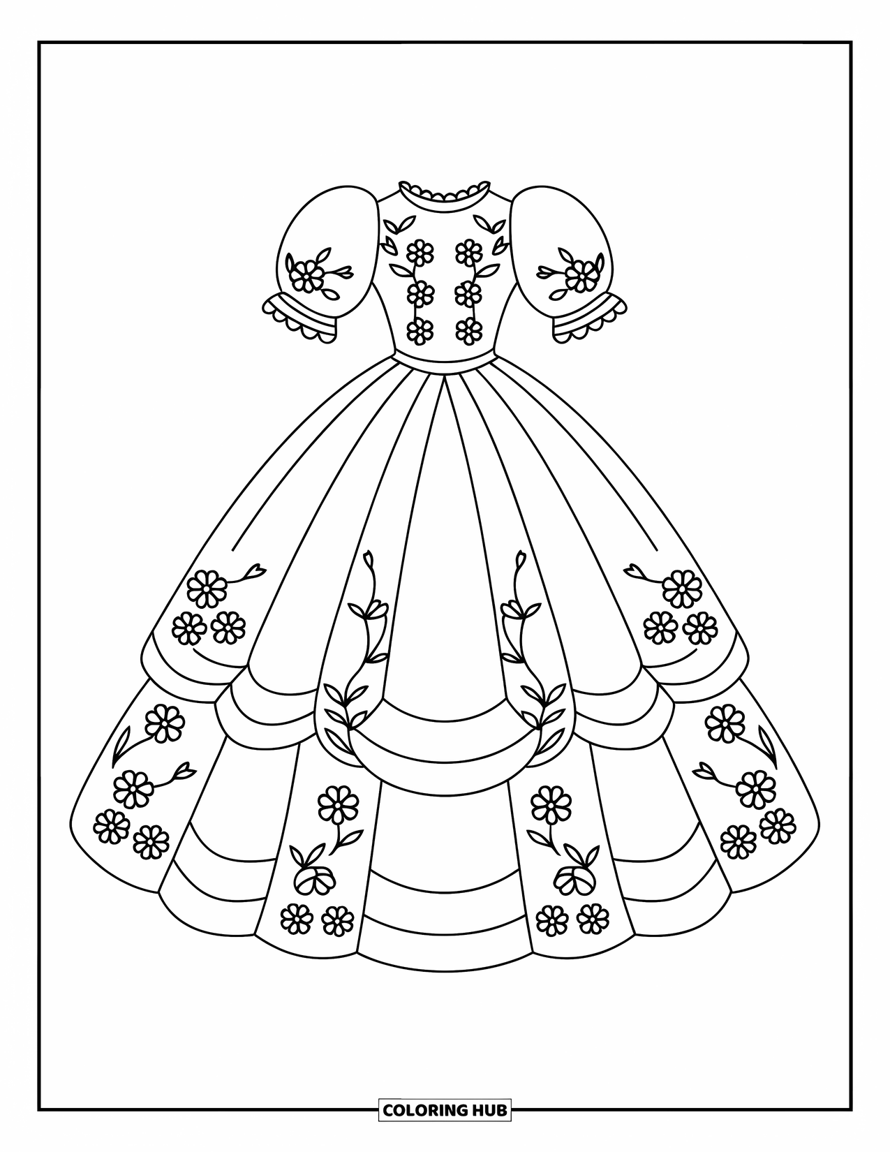 Ball Gown Dress Coloring Page for Kids: Layered princess gown with high neckline and embroidered flowers