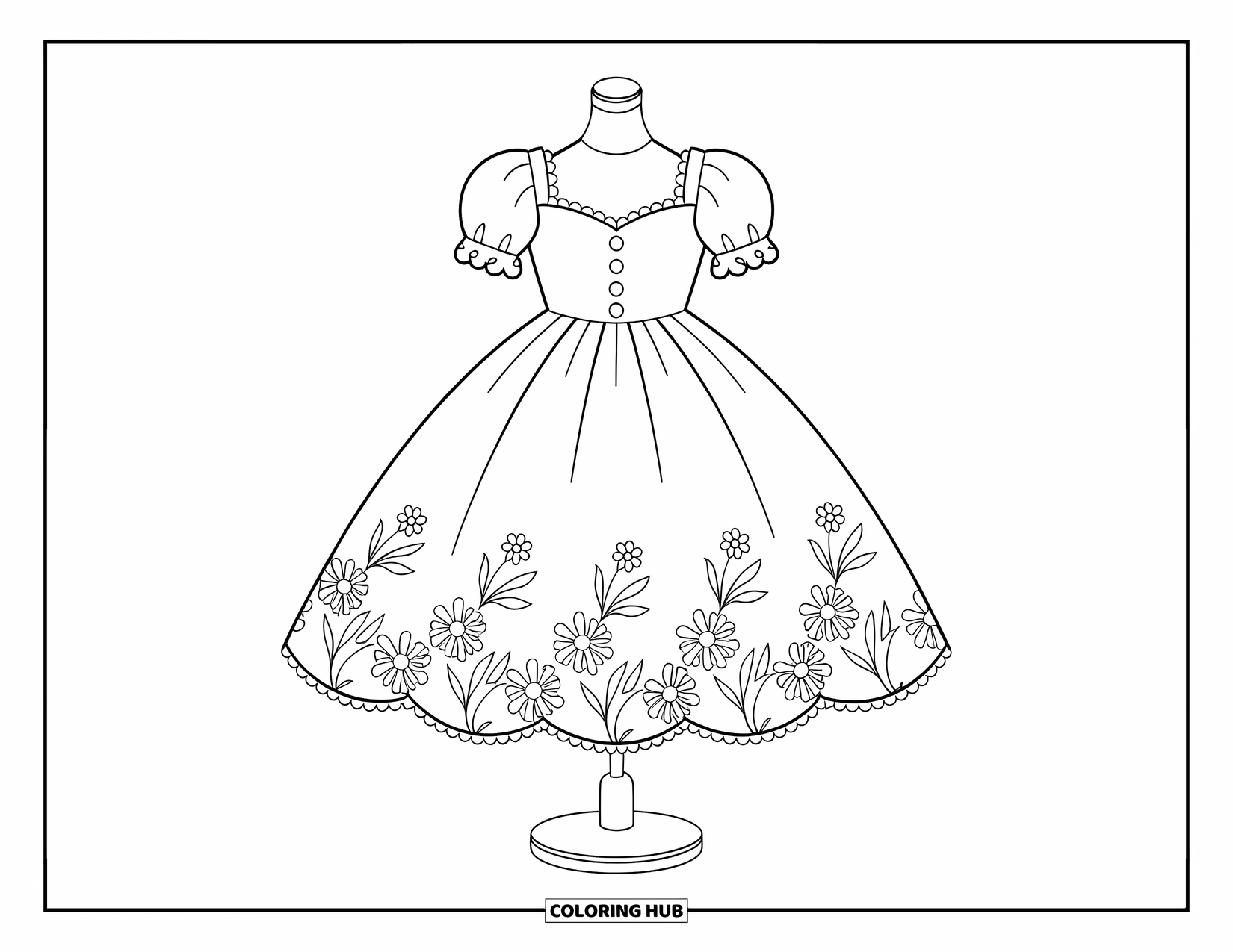 Ball Gown Dress Coloring Page for Kids: Mannequin wears a lace-trimmed puffy dress with buttons and sweetheart neckline