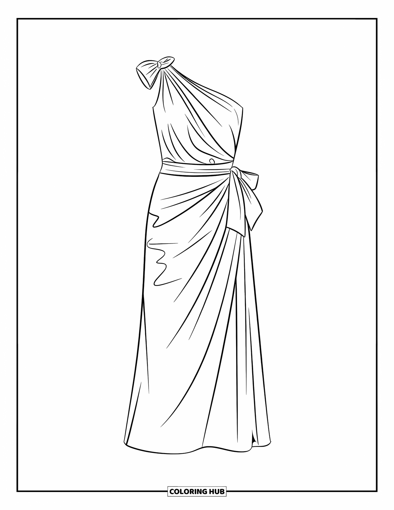 Ball Gown Dress Coloring Page for Kids: Modern Grecian dress with soft drape and expressive bow at waist