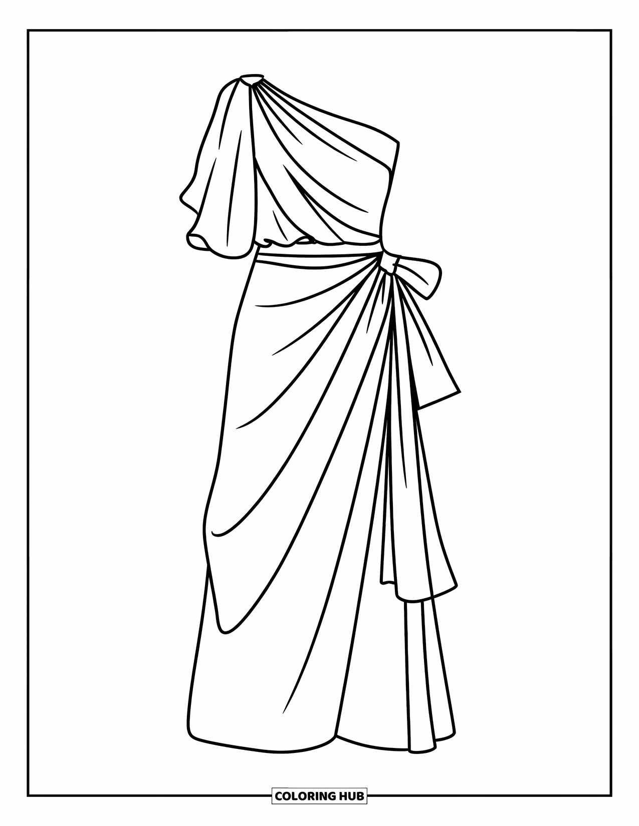 Ball Gown Dress Coloring Page for Kids: One-shoulder gown with graceful drape and structured waistband bow