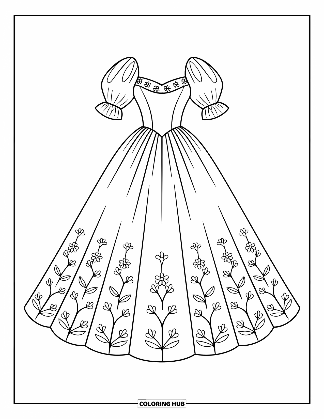 Ball Gown Dress Coloring Page for Kids: Princess dress with puff sleeves and skirt florals