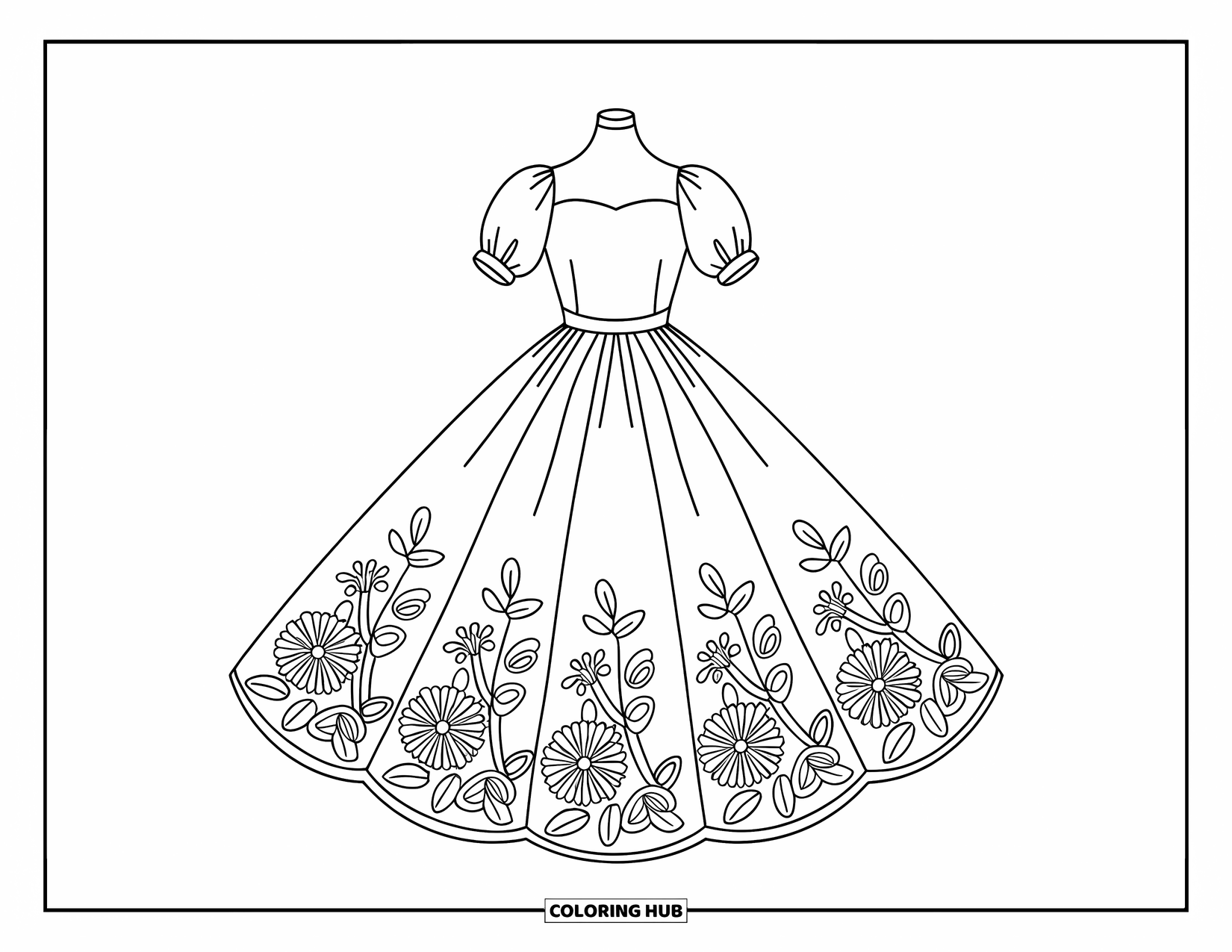 Ball Gown Dress Coloring Page for Kids: Puffy dress with floral lace hem displayed on a mannequin