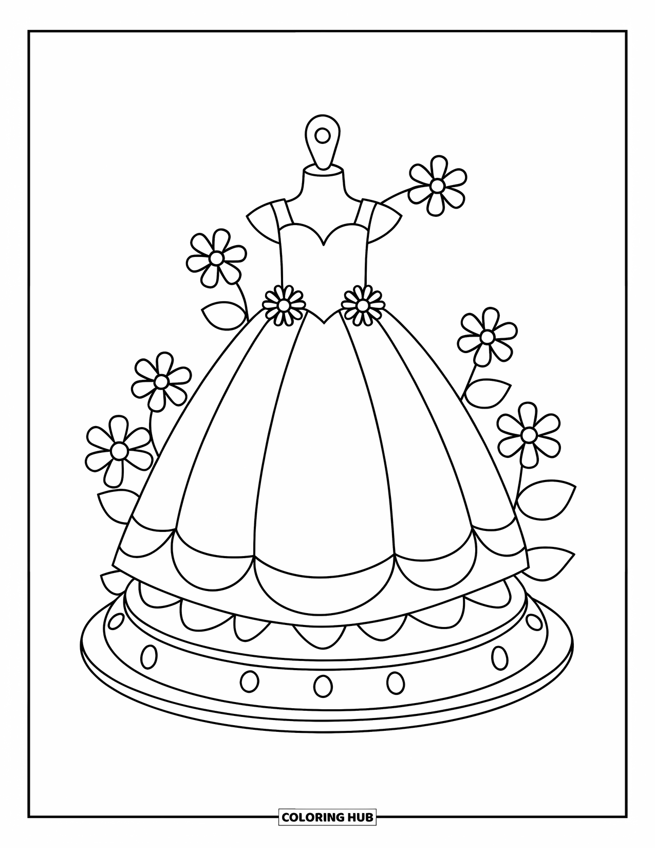 Ball Gown Dress Coloring Page for Kids: Simple ball gown with flower details displayed on a dress form