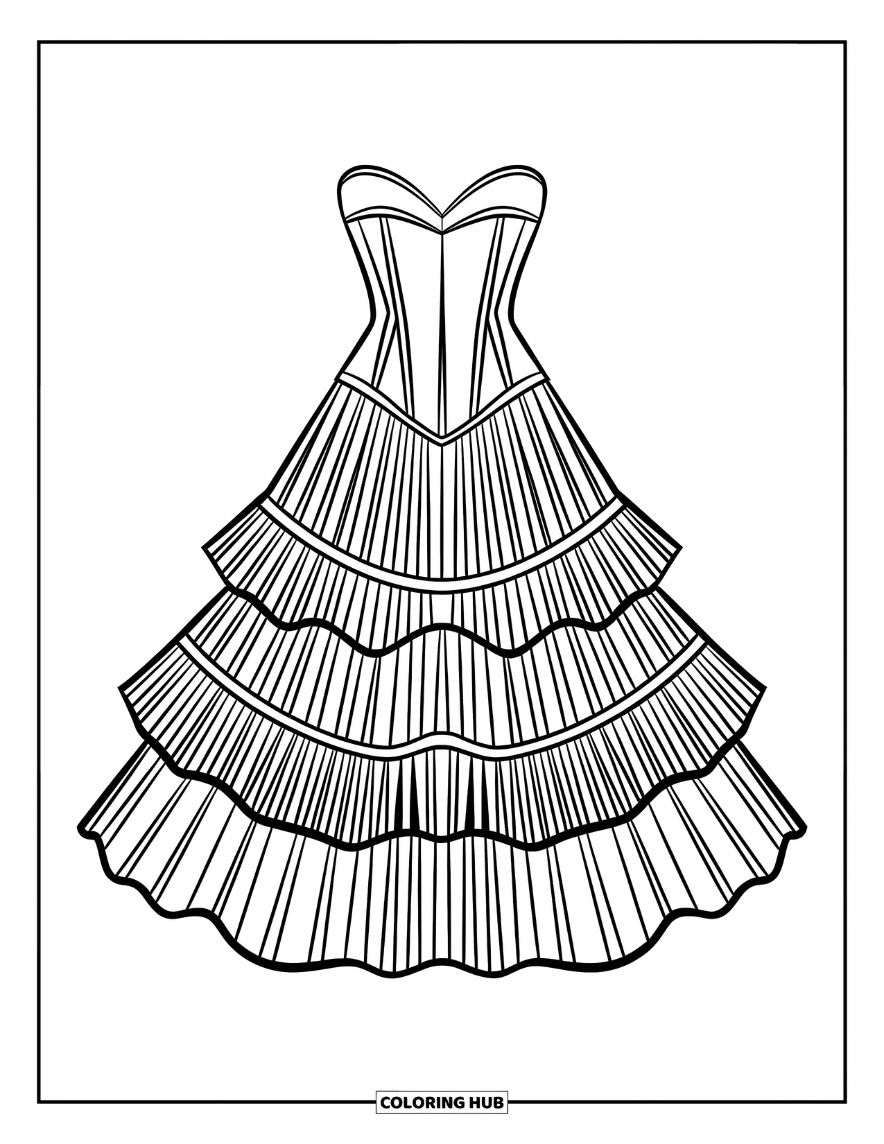 Ball Gown Dress Coloring Page for Kids: Strapless corset dress with boning and pleated layers