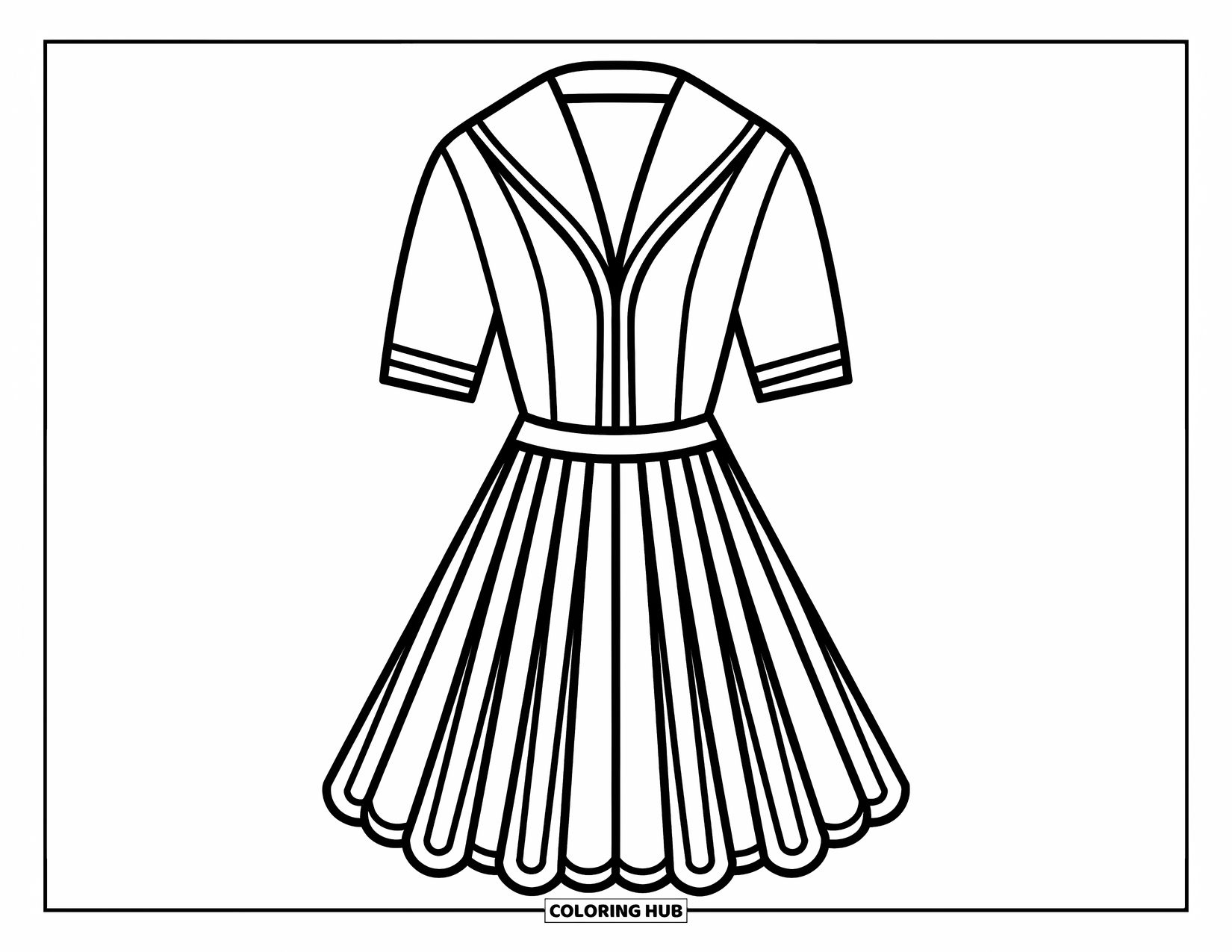 Ball Gown Dress Coloring Page for Kids: Stylish collared dress with pleats and plunging neckline suits a bold teen look