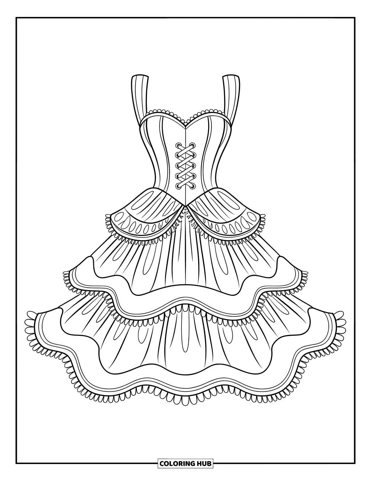 Ball Gown Dress Coloring Page for Kids: Sweetheart gown with ruffled three-tier skirt and laced-up back