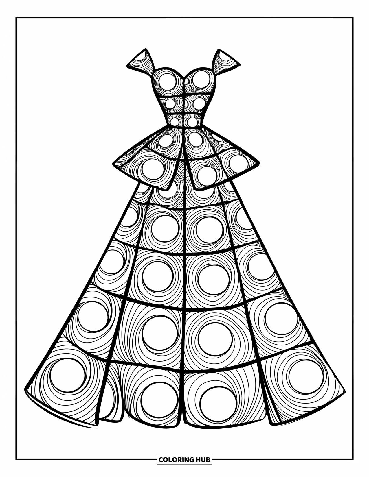 Ball Gown Dress Coloring Page for Kids: Sweetheart neckline gown with peplum and flowing train features bold circular accents