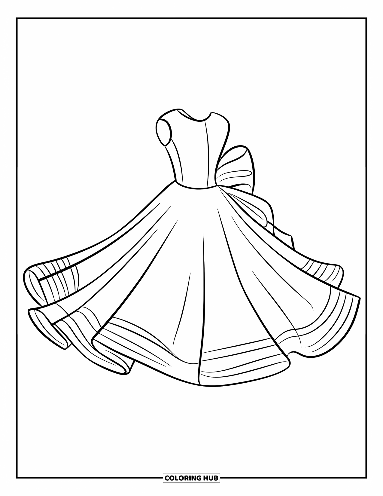 Ball Gown Dress Coloring Page for Kids: Twirling gown with wide skirt and big back bow