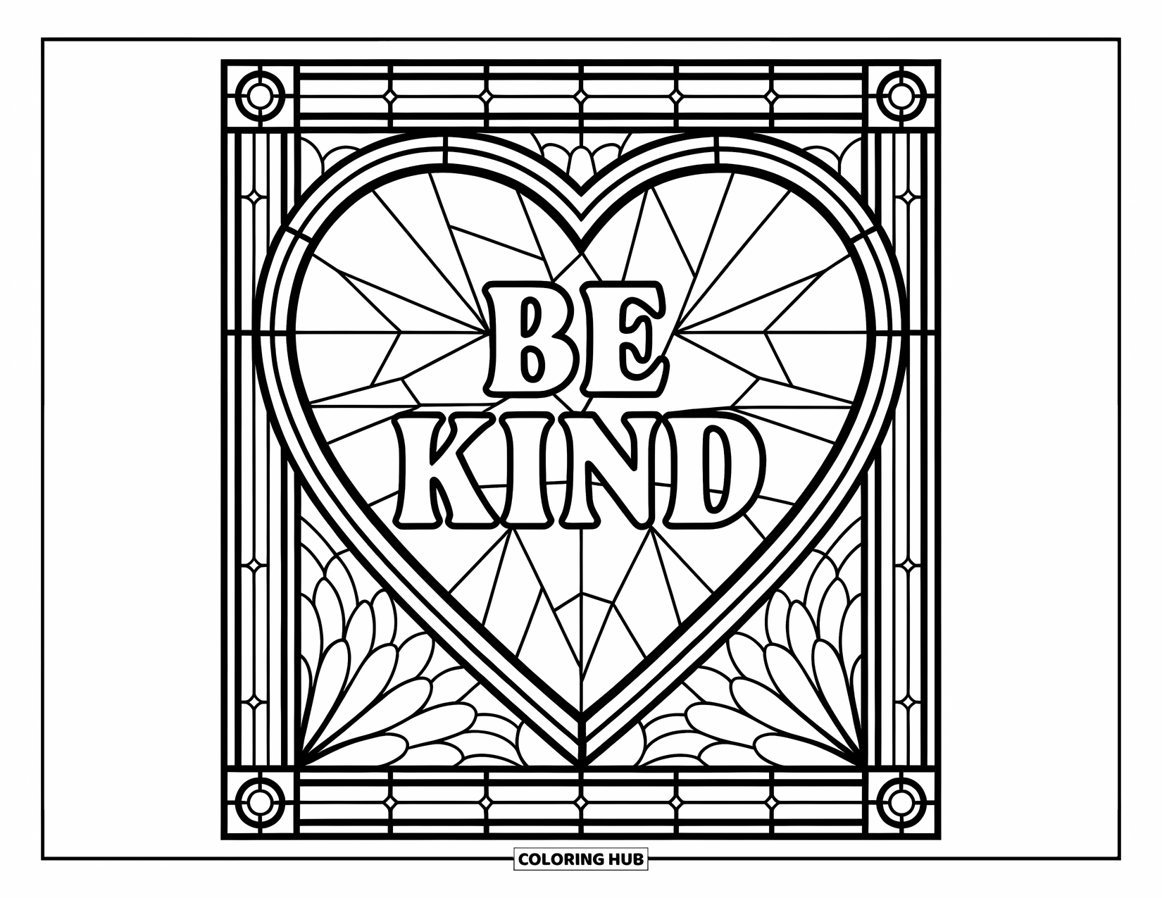 Be Kind Coloring Page for Adults: "Be Kind" inside a stained glass heart with ornate patterns