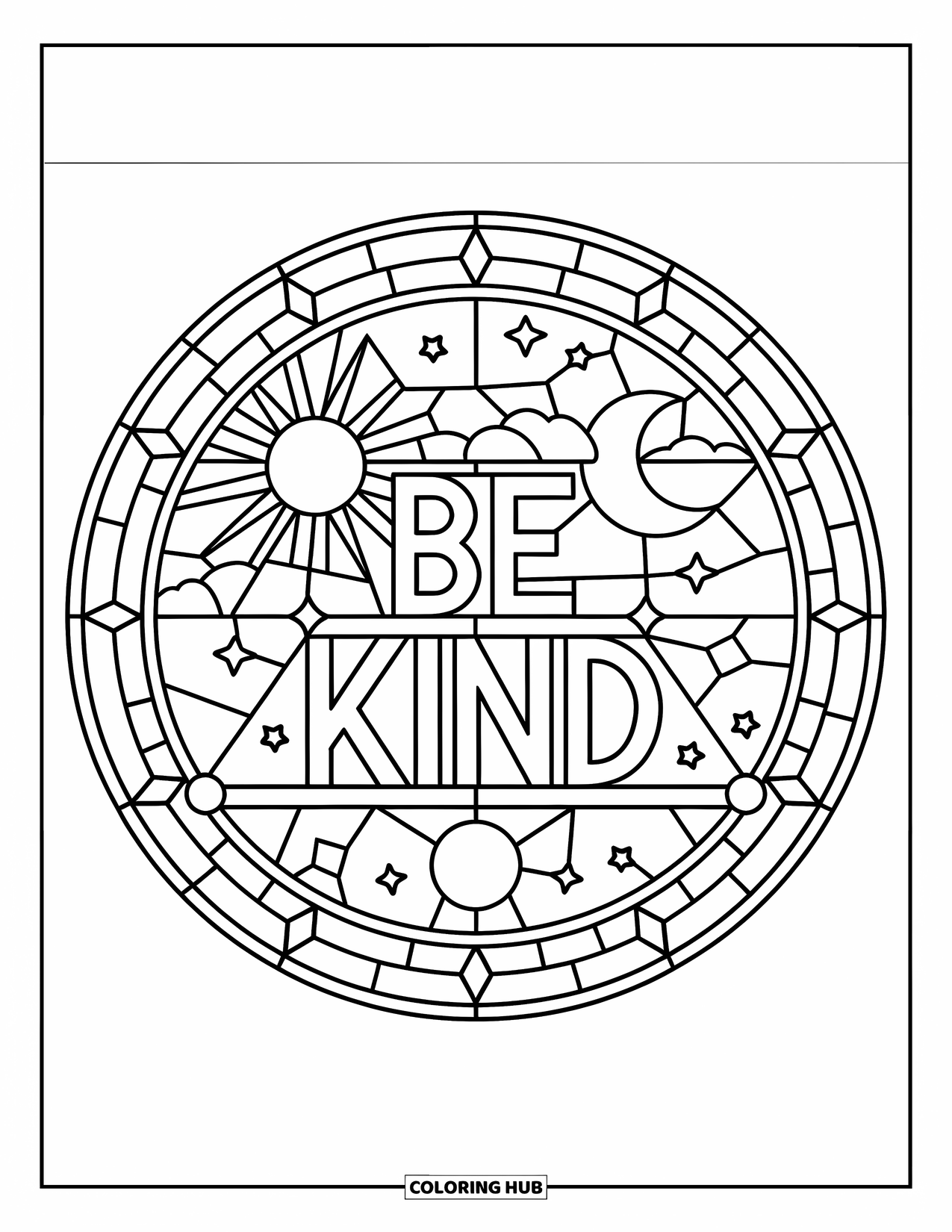Be Kind Coloring Page for Adults: "Be Kind" inside stained glass circle with sun, moon, and stars