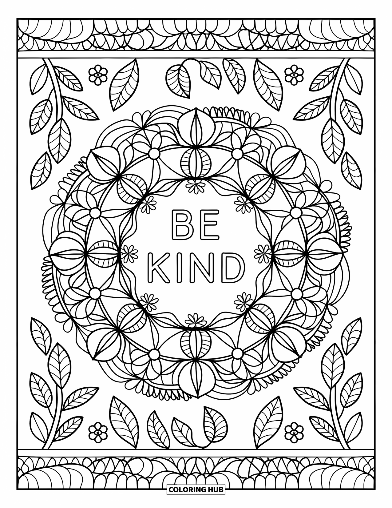 Be Kind Coloring Page for Adults: Botanical mandala with "Be Kind" at the center