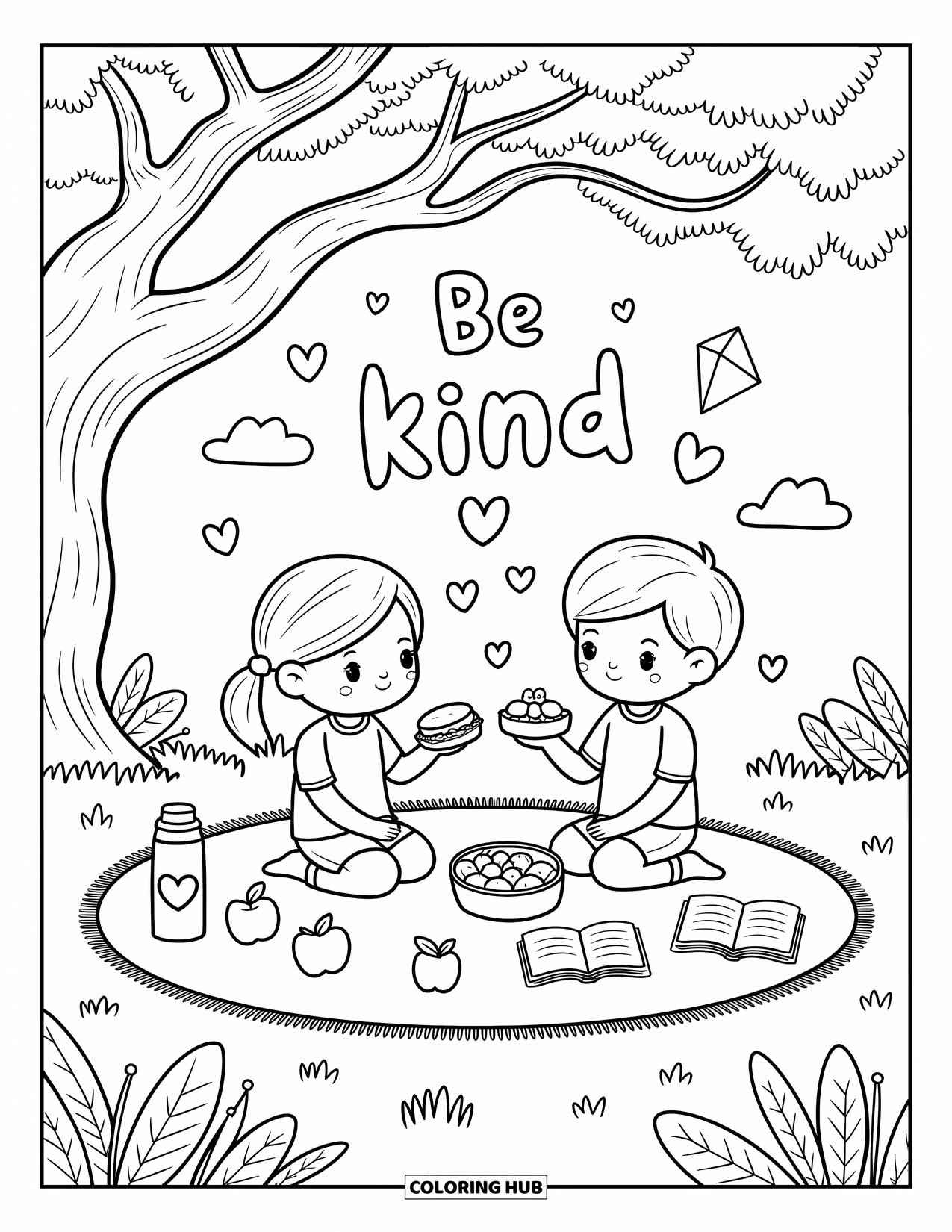 Be Kind Coloring Page for Adults: Boy and girl picnic together under "Be Kind" bubble letters