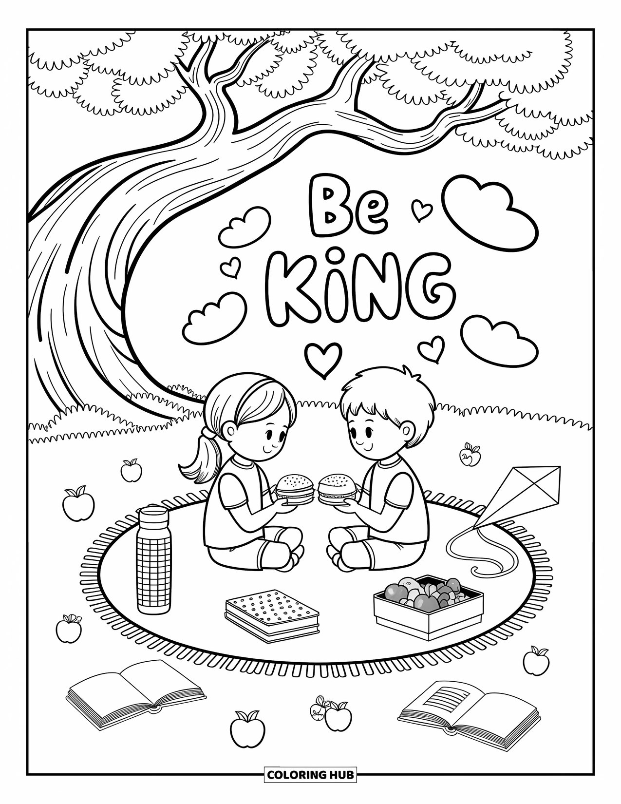 Be Kind Coloring Page for Adults: Children enjoying picnic beneath tree with "Be Kind" floating in clouds