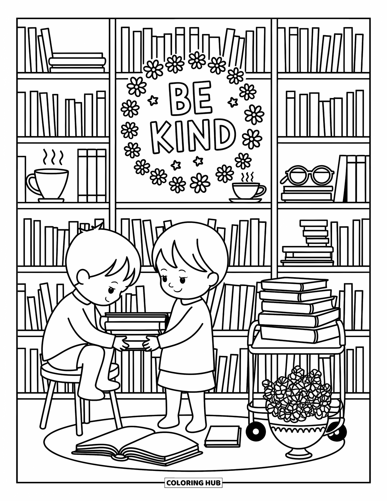 Be Kind Coloring Page for Adults: Children passing books in cozy library with "Be Kind" above shelves