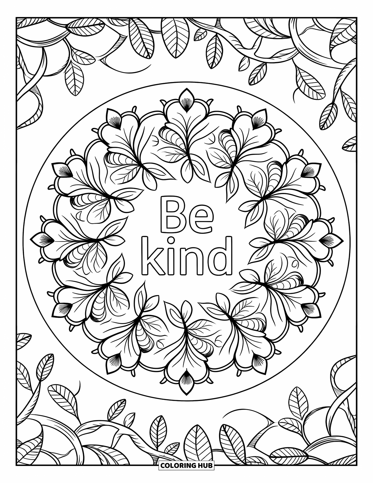 Be Kind Coloring Page for Adults: Intricate botanical mandala with "Be Kind" in middle
