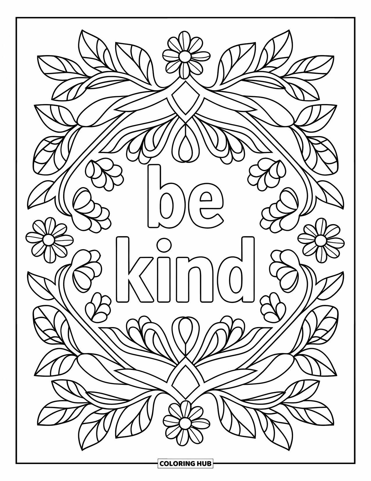 Be Kind Coloring Page for Adults: Intricate mandala design with "Be Kind" in center