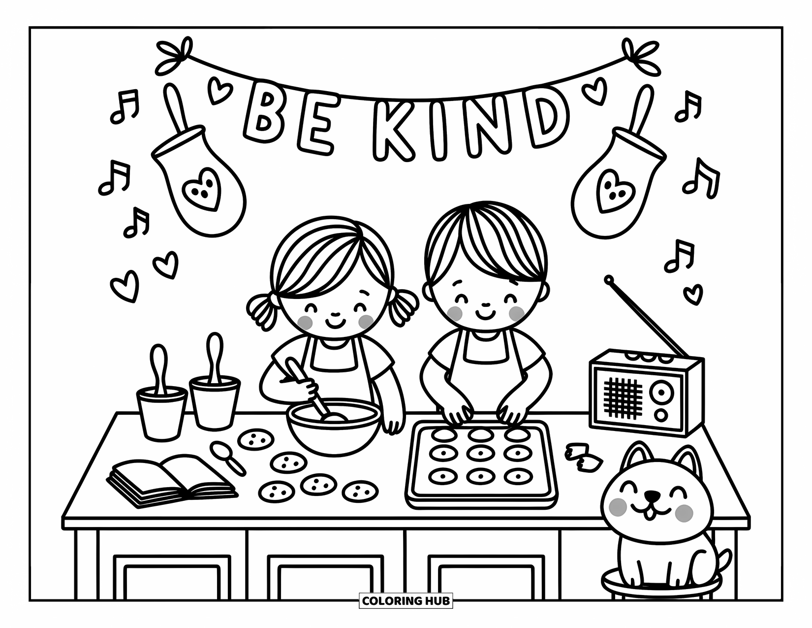 Be Kind Coloring Page for Adults: Joyful baking moment with two kids and "Be Kind" hanging above