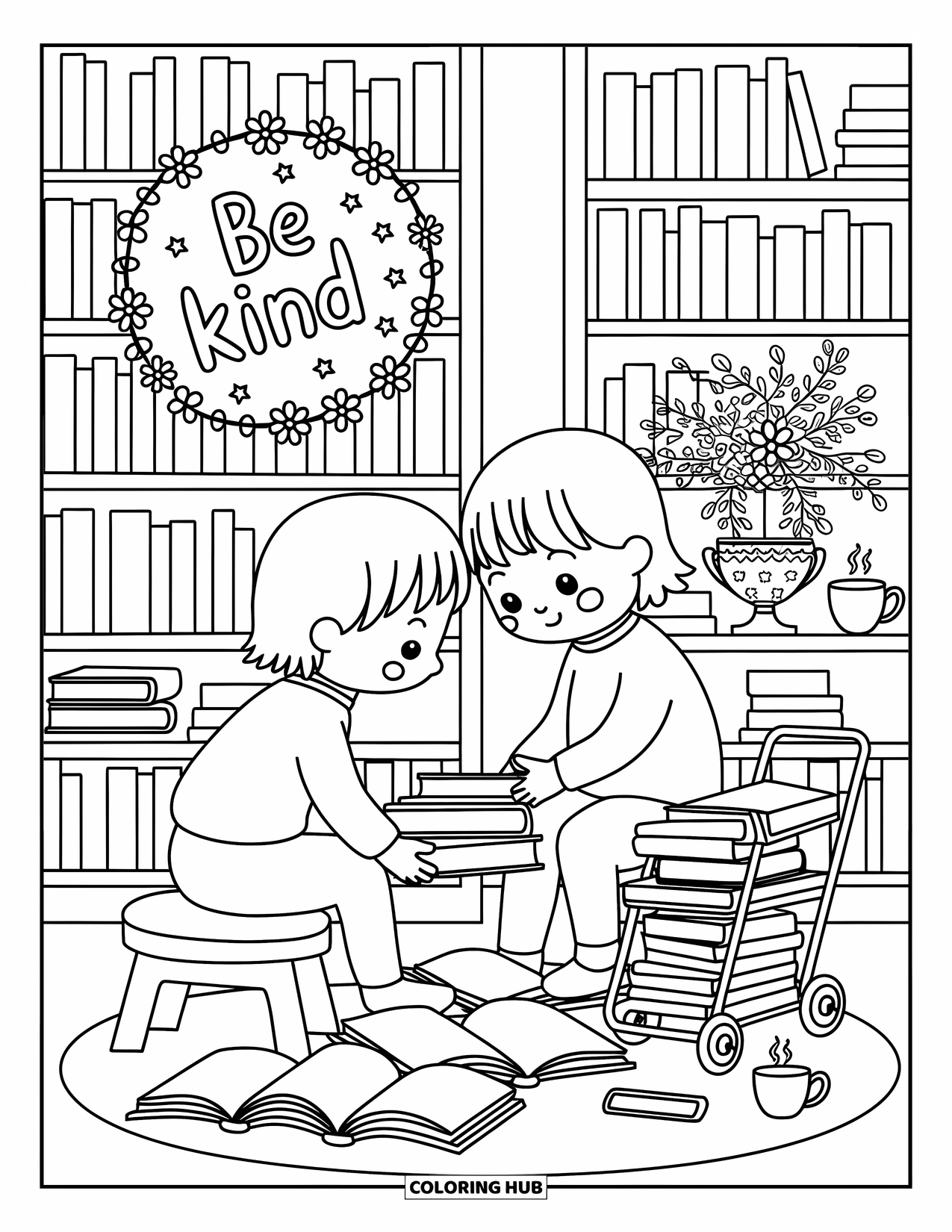 Be Kind Coloring Page for Adults: Kids arranging books in library with "Be Kind" surrounded by doodles