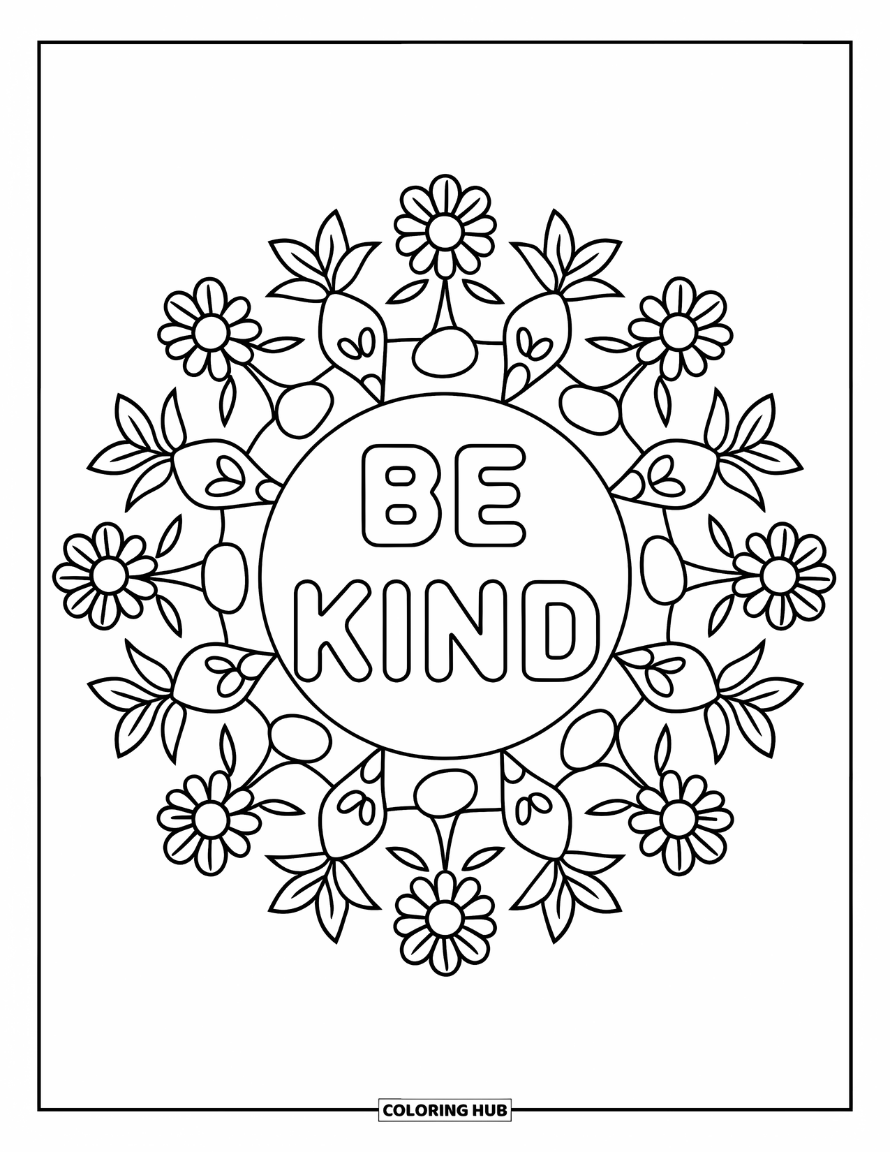 Be Kind Coloring Page for Adults: Mandala with "Be Kind" surrounded by symmetrical floral vines