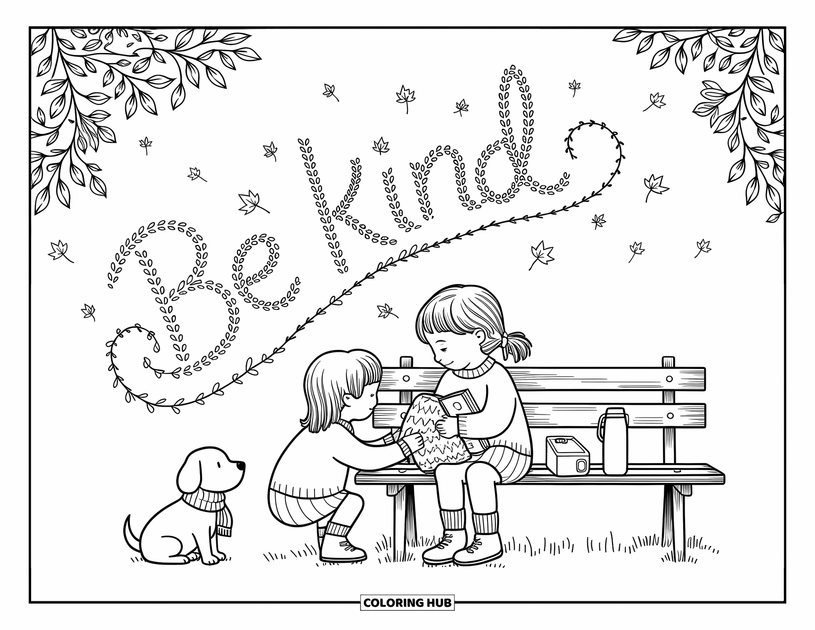 Be Kind Coloring Page for Adults: Two children sharing warmth on a breezy day with "Be Kind" in the wind