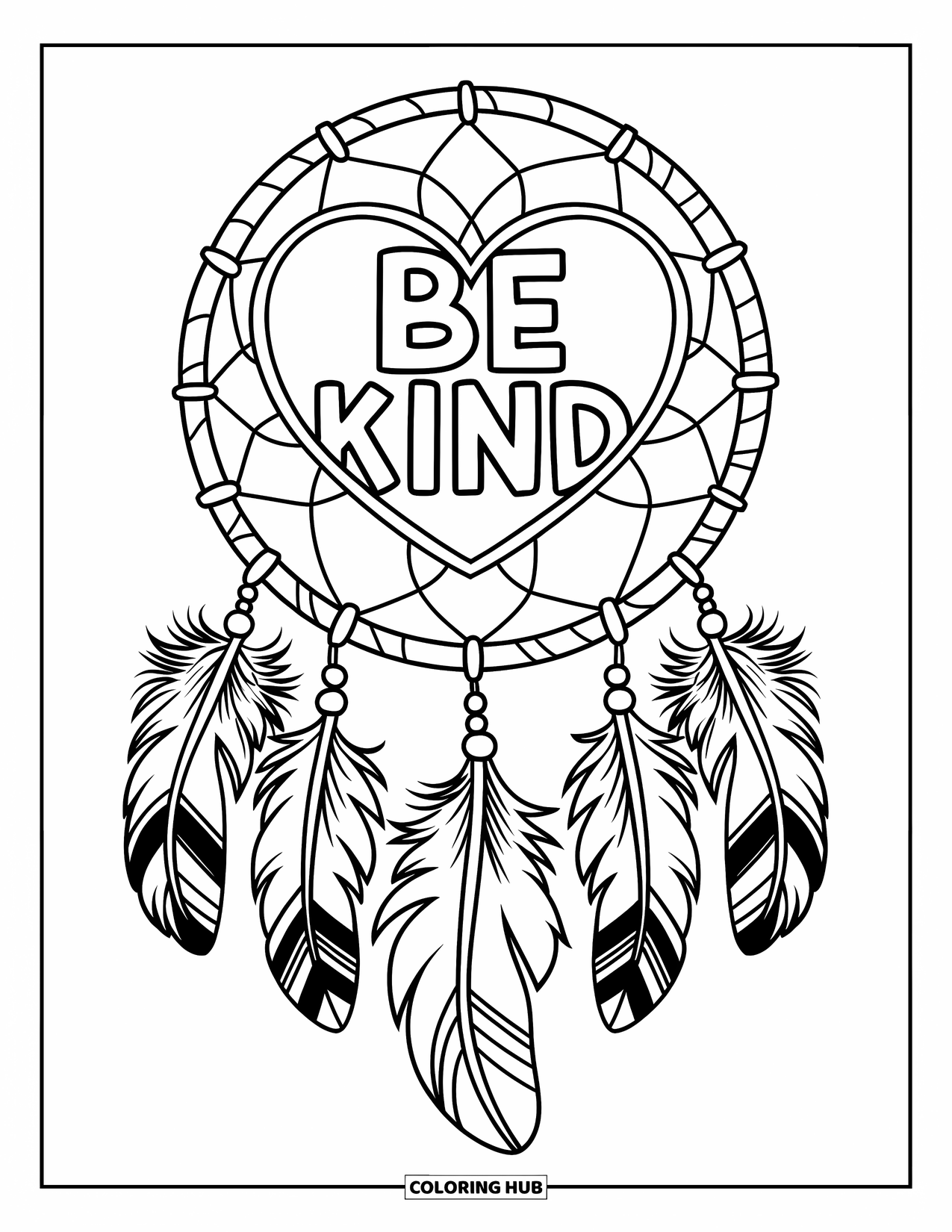 Be Kind Coloring Page for Kids: "Be Kind" inside a heart-shaped dreamcatcher with feathers