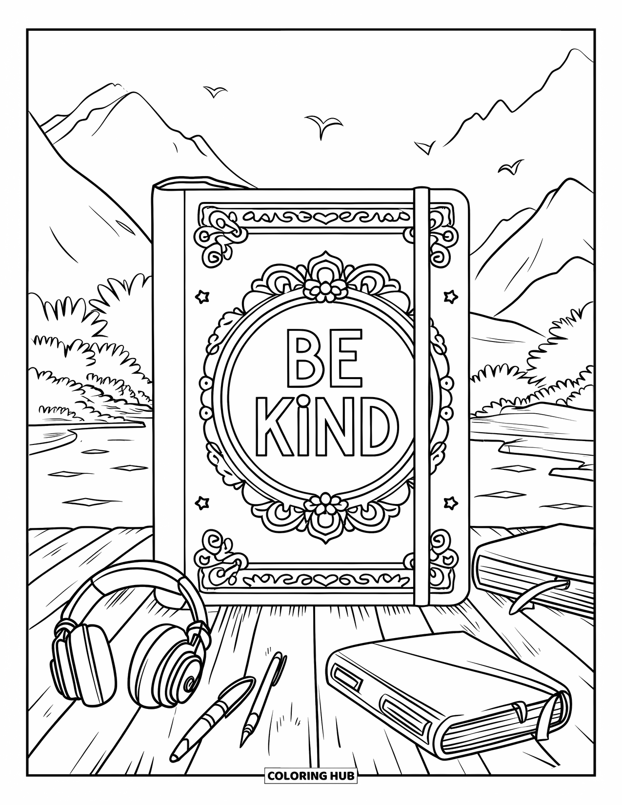 Be Kind Coloring Page for Kids: "Be Kind" journal on table with books, pens, and mountain view