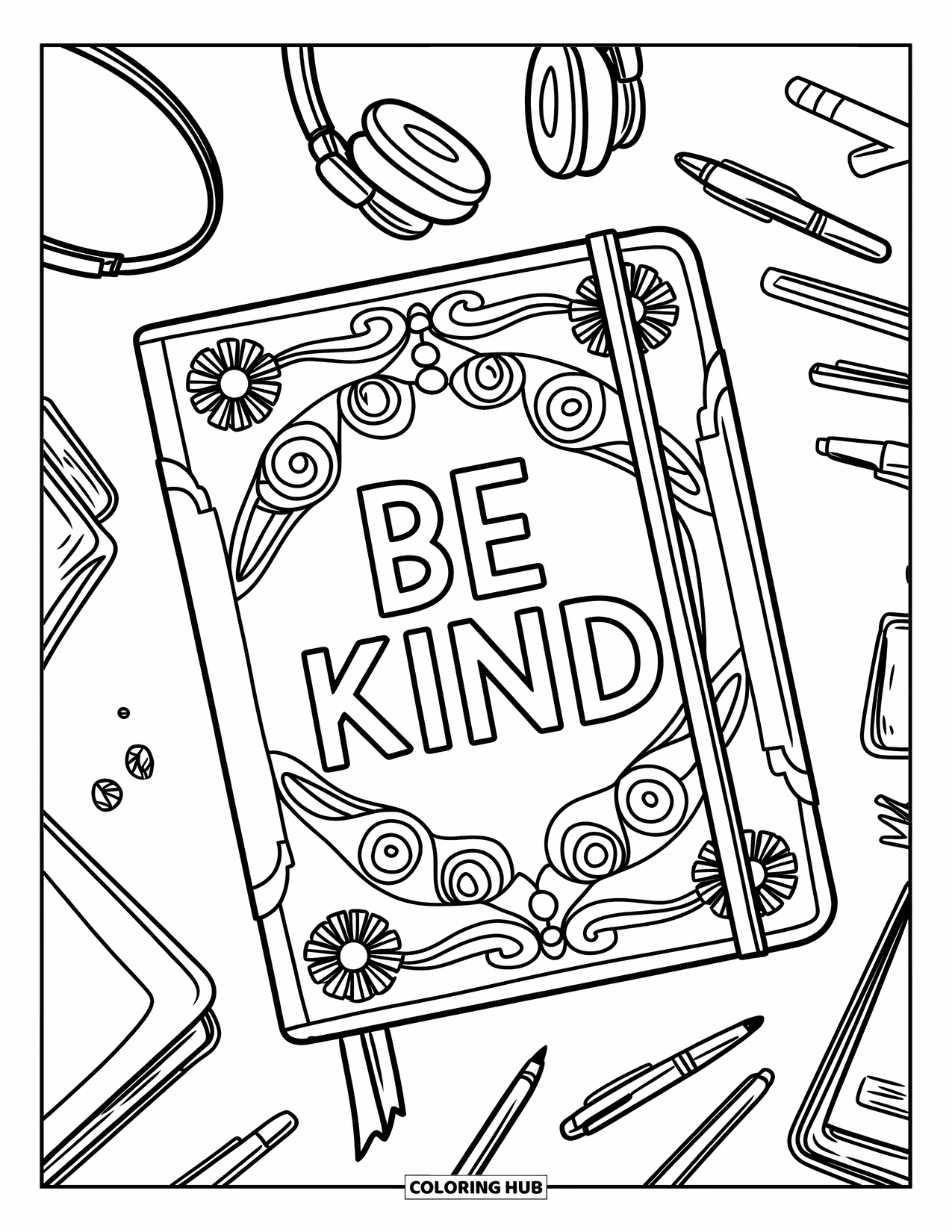 Be Kind Coloring Page for Kids: "Be Kind" journal with headphones and books nearby