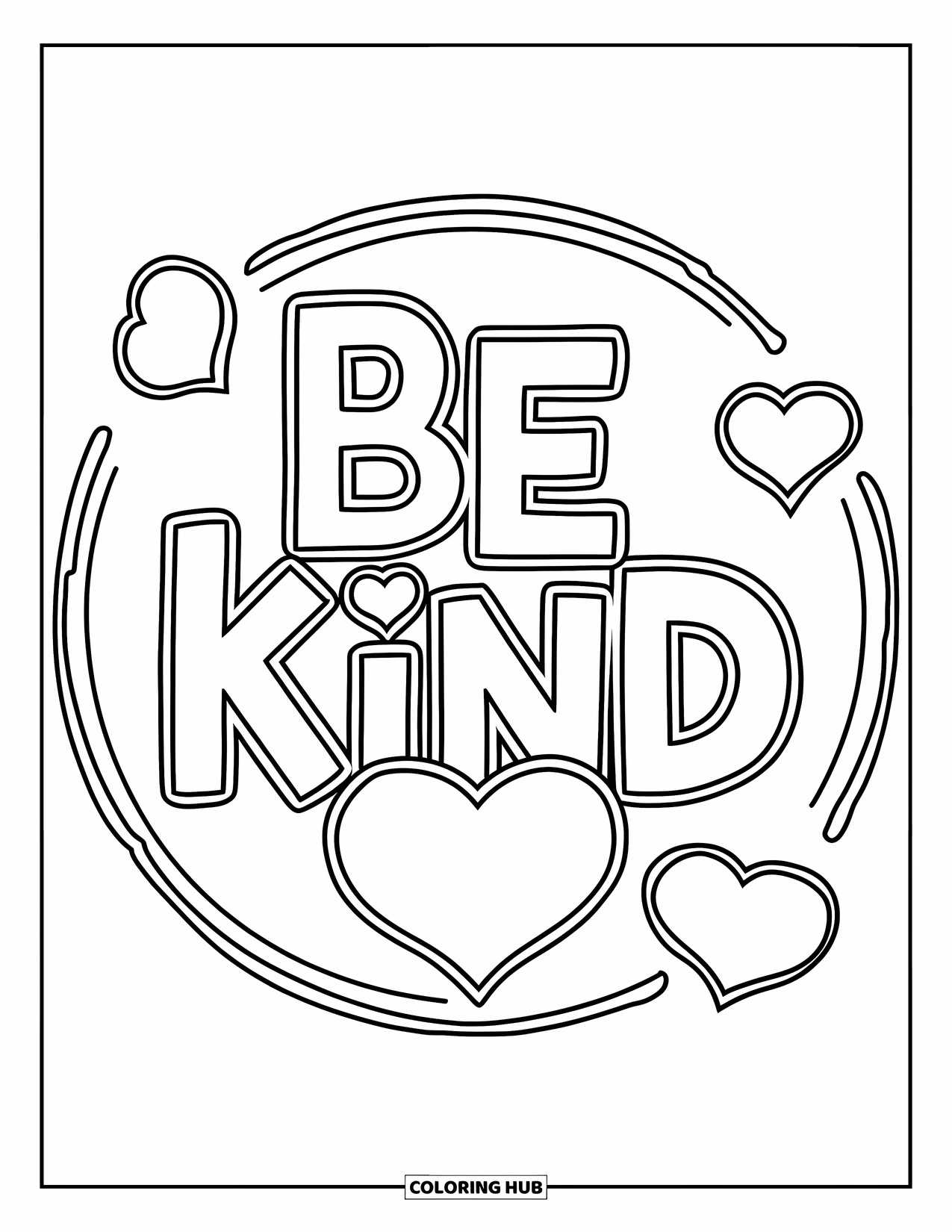 Be Kind Coloring Page for Kids: "Be Kind" with heart symbols inside circle design
