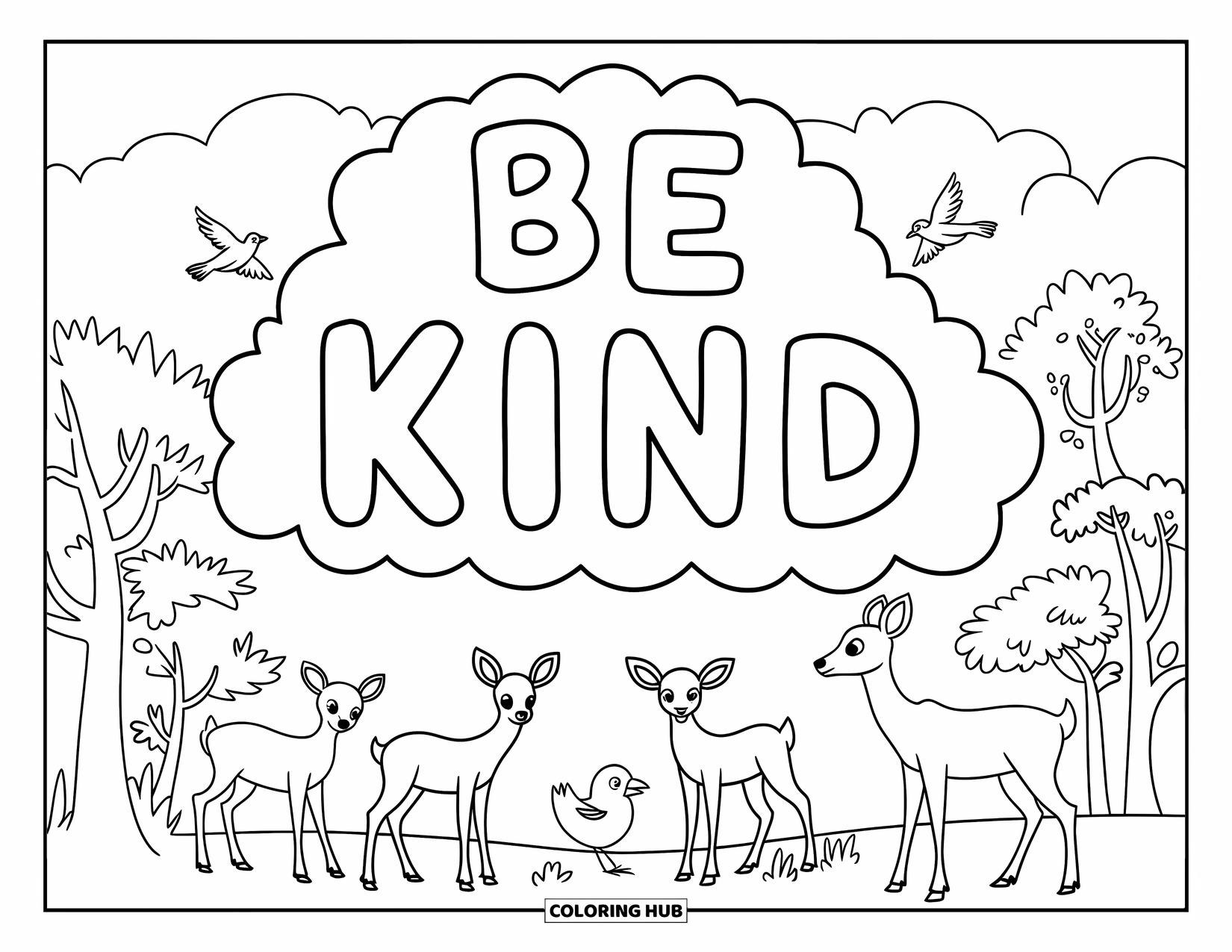 Be Kind Coloring Page for Kids: "Be Kind" written in clouds above a forest with deer and birds
