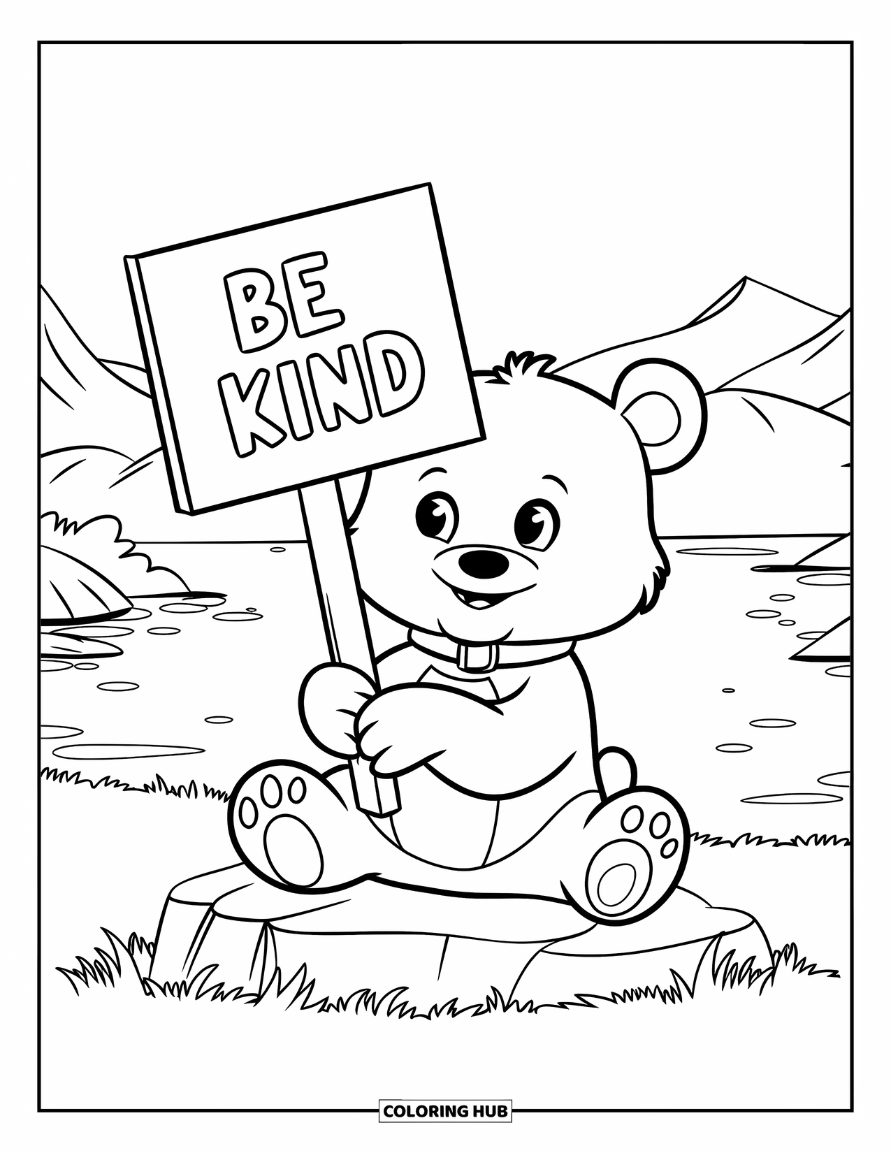 Be Kind Coloring Page for Kids: Bear on rock holding "Be Kind" sign with lake view