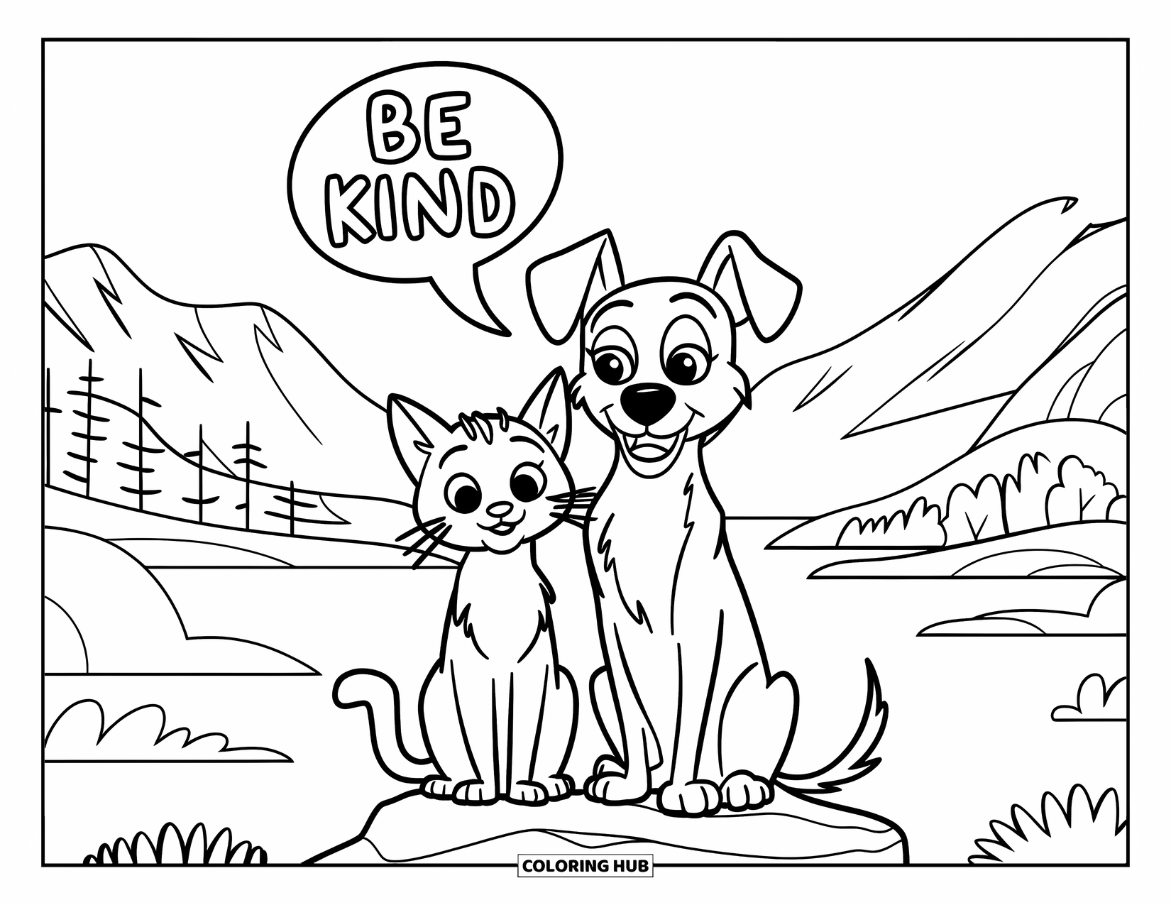 Be Kind Coloring Page for Kids: Cat and dog resting together with "Be Kind" speech bubble