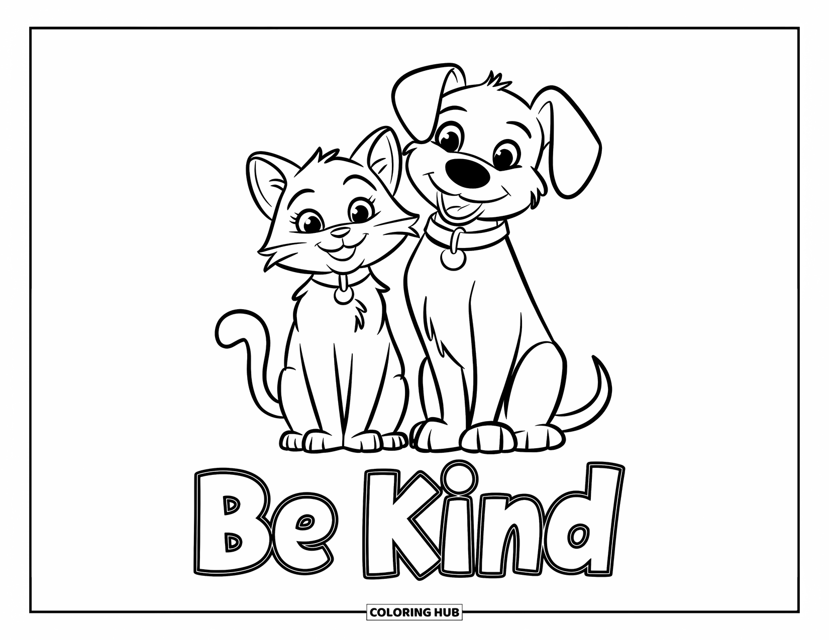Be Kind Coloring Page for Kids: Cat and dog sitting calmly with "Be Kind" underneath