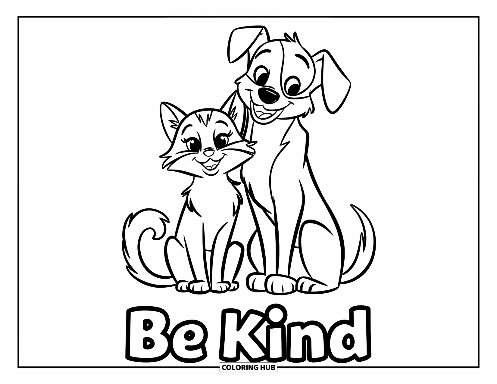 Be Kind Coloring Page for Kids: Cat and dog sitting peacefully with "Be Kind" written below