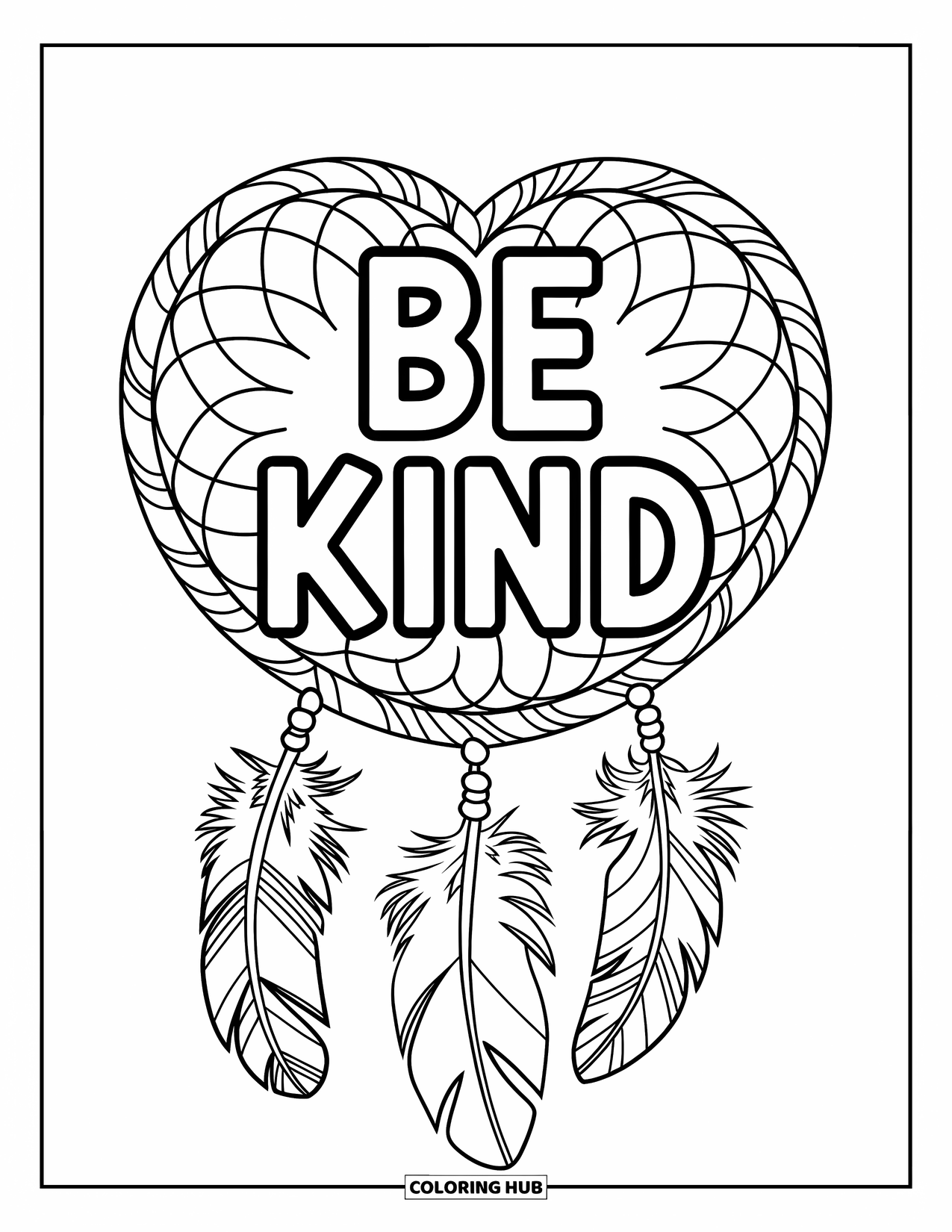 Be Kind Coloring Page for Kids: Dreamcatcher with "Be Kind" in heart surrounded by feathers
