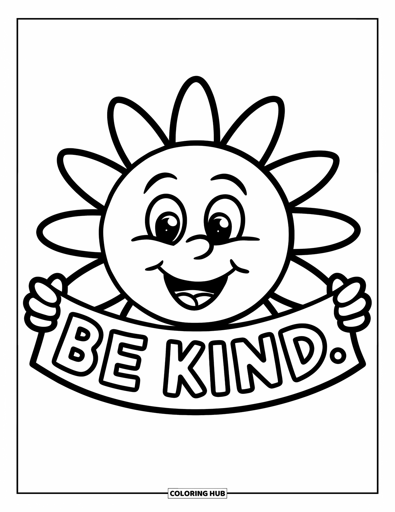 Be Kind Coloring Page for Kids: Happy sun with banner saying "Be Kind" in simple style