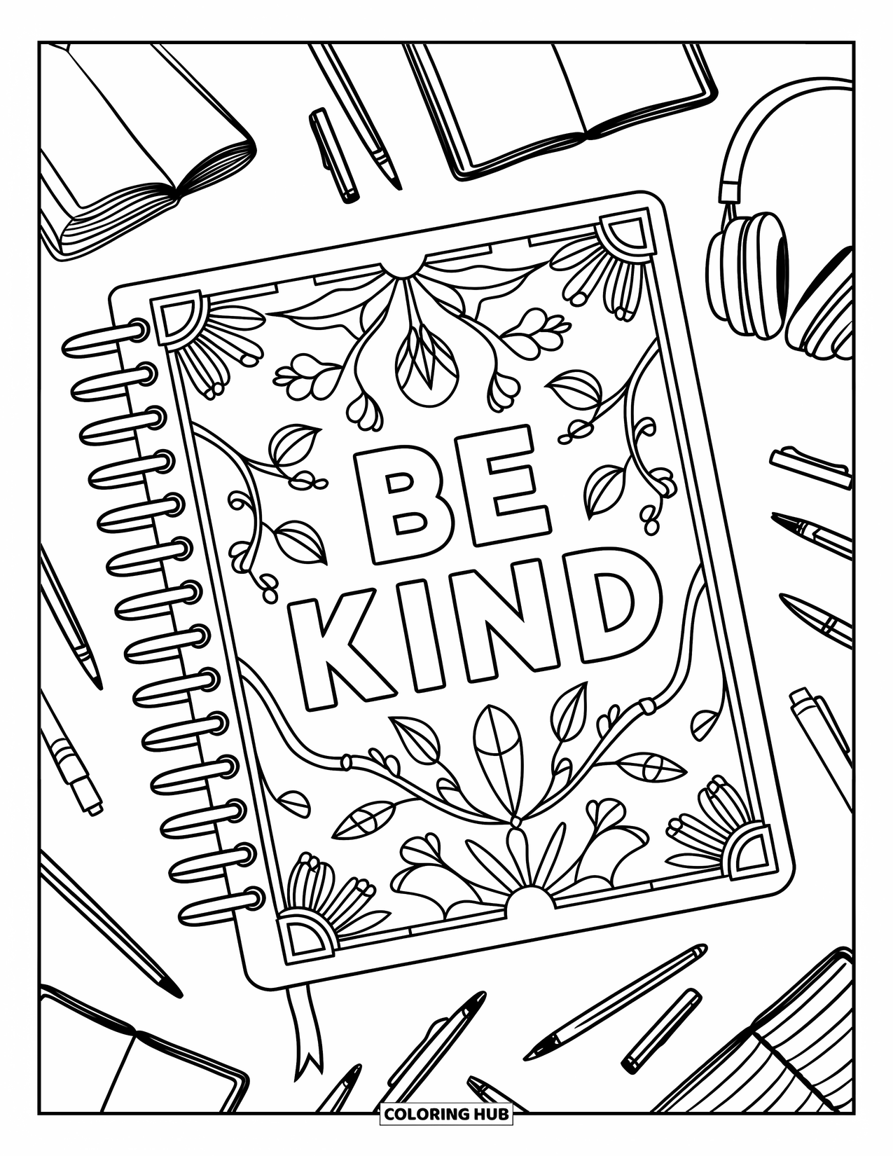 Be Kind Coloring Page for Kids: Journal with "Be Kind" surrounded by books, pens, and headphones