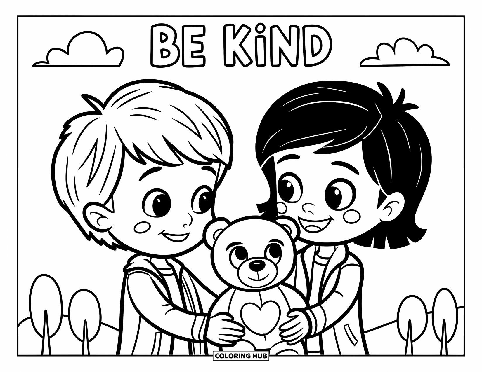 Be Kind Coloring Page for Kids: Kids sharing teddy bear under "Be Kind" sky