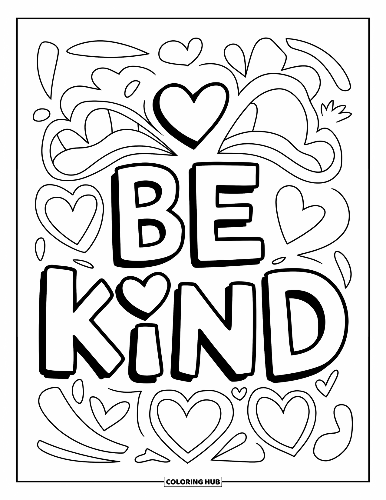 Be Kind Coloring Page for Kids: Large "Be Kind" text with heart above and below