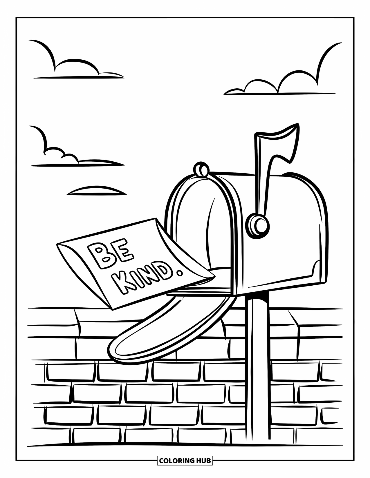Be Kind Coloring Page for Kids: Mailbox with "Be Kind" letter in front of brick wall