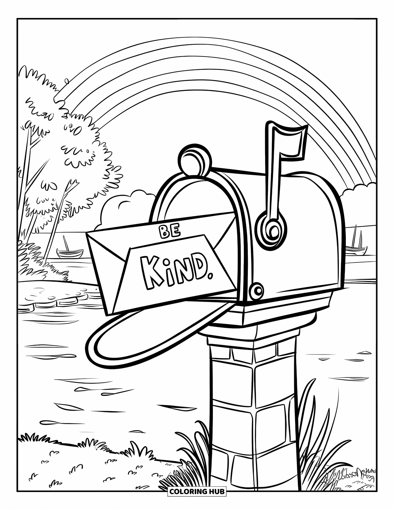 Be Kind Coloring Page for Kids: Mailbox with "Be Kind" letter on stone pillar with rainbow